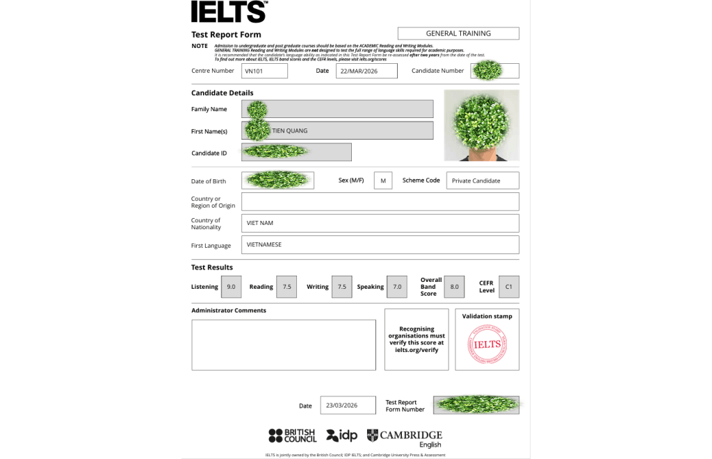 chấm ielts writing online — phiếu điểm học viên đạt writing 7.5
